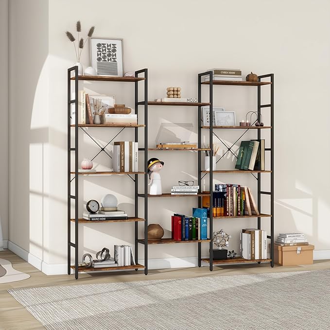Panana Triple 4/5/6 Tier Bookshelf, Industrial Bookcase with 11/14/17 Open Display Shelves Wide Book Shelf Book Case with Metal Frame for Living Room Home Office (Brown, 5 Tier)