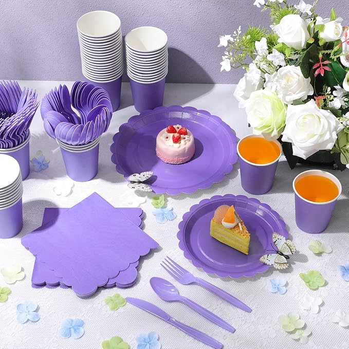 350 Pcs Purple Plates and Napkins, 50 Guest Lavender Party Supplies Include Scalloped Paper Plates Napkins Cups Plastic Spoons Forks Knives Disposable Tableware Set for Baby Shower