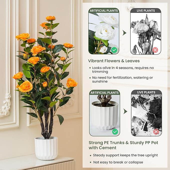 3.2FT Artificial Camellia Tree, Orange Silk Flowers, Indoor Faux Plants with Realistic Trunk in White Cement Pot for Home House Living Room Bedroom Office Decor, 1pc