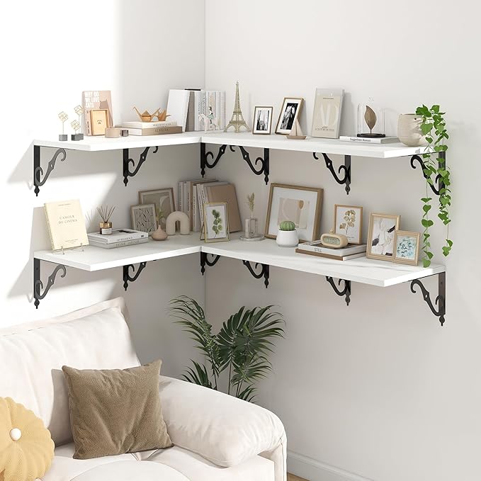 White Floating Shelves for Wall, 32"W x 8"D Wall Shelves, 12 Inch Deep Floating Shelf with Bracket, 32 Inch Floating shelves Set of 2, Rustic Shelves for Living Room, Bathroom and Kitchen, White