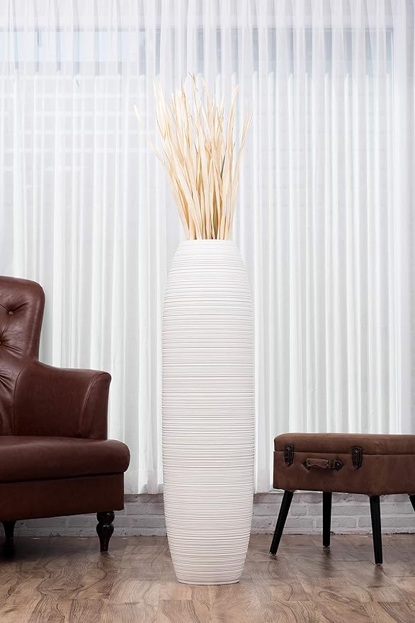 Leewadee Large White Home Decor Floor Vase – Wooden 43 inches Tall Farmhouse Decor Flower Holder for Fake Plant and Pampas Grass