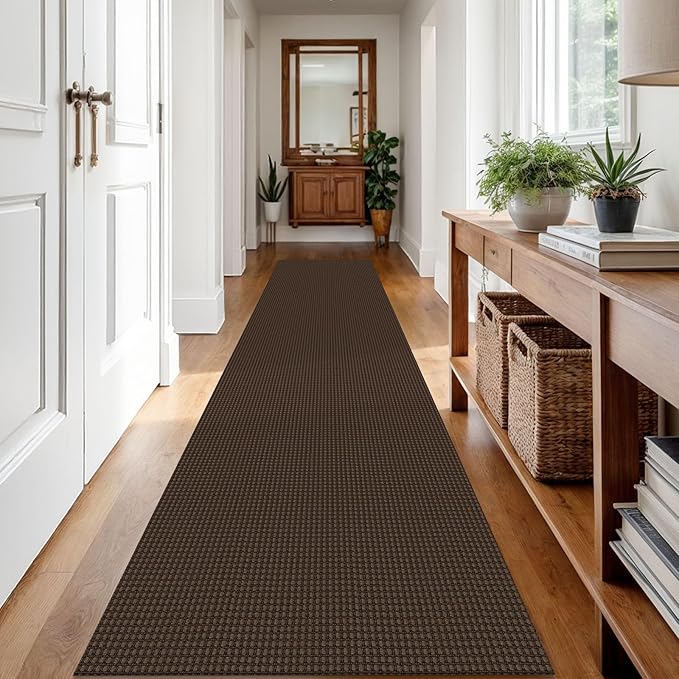 IOHOUZE Washable Runner Rug 2.6x12 Non Slip Rubber Backed Extra Long Hallway Runner Entryway Runner Indoor, Kitchen Rugs Woven Cotton Floor Carpet for Hall Entrance Stair, Brown