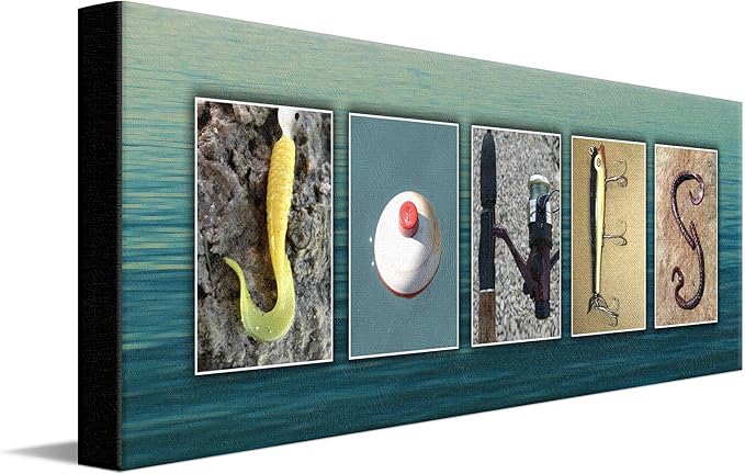 Personalized Fishing Name Alphabet Art - Perfect for The Man cave, Office, or Boy's Room. (Block Mount - 9.5 x 26)