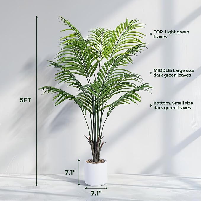 Artificial Areca Palm Tree 5FT Fake Potted Plant 2 Pack Faux Silk Tropical Areca Palm with 15 Trunks & Real Bark Design, Large Aritificial Plant in Pot for Home Living Room House Warmming Floor Decor