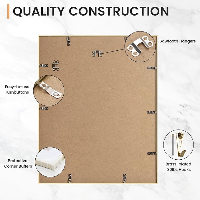 16x20 inch Metal Picture Frame - 16 x 20 Thin Aluminum Photo Frames with 11x14 Removable Mat - High Definition Plexiglass - Vertical and Horizontal Display - Wall Hook Hanging Hardware Included - Gold, Set of 4