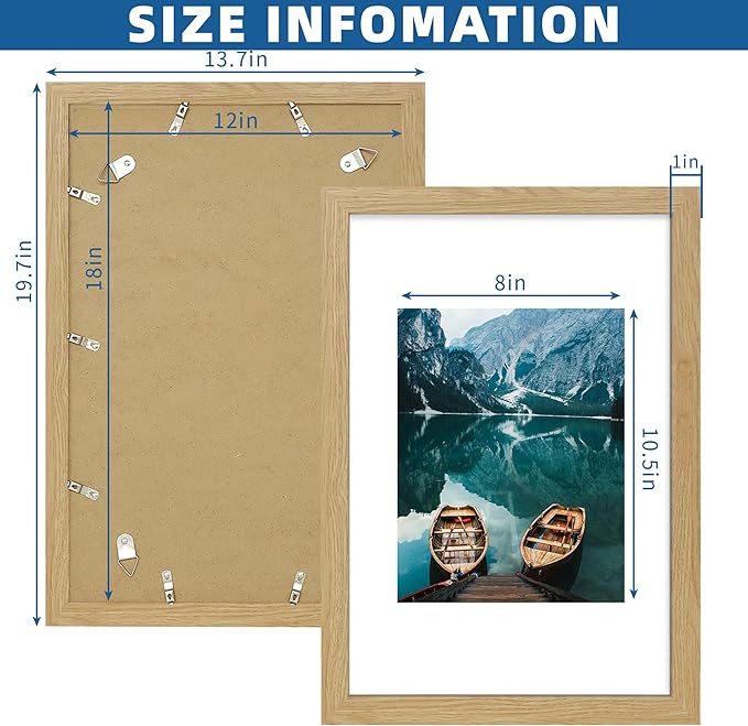 12x18 Frame Set of 2, Natural Oak Wood Style, Display 12 x 18 Poster without Mat or 8.5x11 Picture with Mat, Wall Mounting Horizontal and Vertical