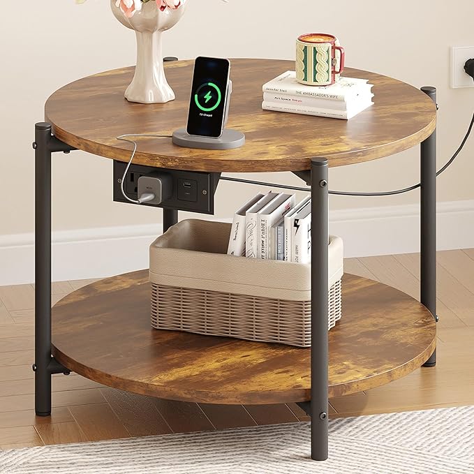 LIKIMIO Round End Table with Charging Station, 23.6" W Wooden Side Table with 2-Tier Storage, Modern Nightstand for Small Spaces, Living Room, Bedroom, Rustic Brown