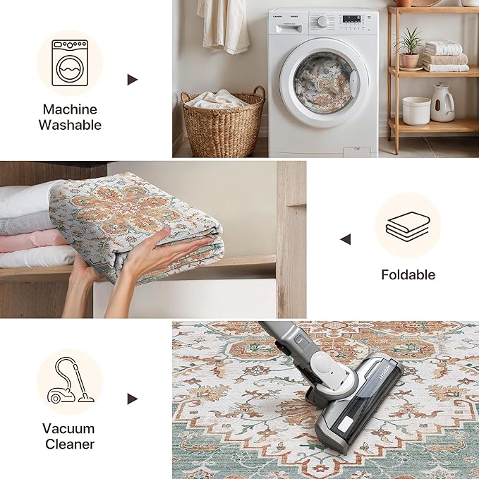 GENIMO 5X7 Area Rugs for Living Room, Machine Washable Vintage Floor Cover Foldable Modern Non Slip Rug, Low Pile Soft Indoor Carpet Floral Print Mat Rug,Bedroom/Dining Room/Home Office, Mint Green