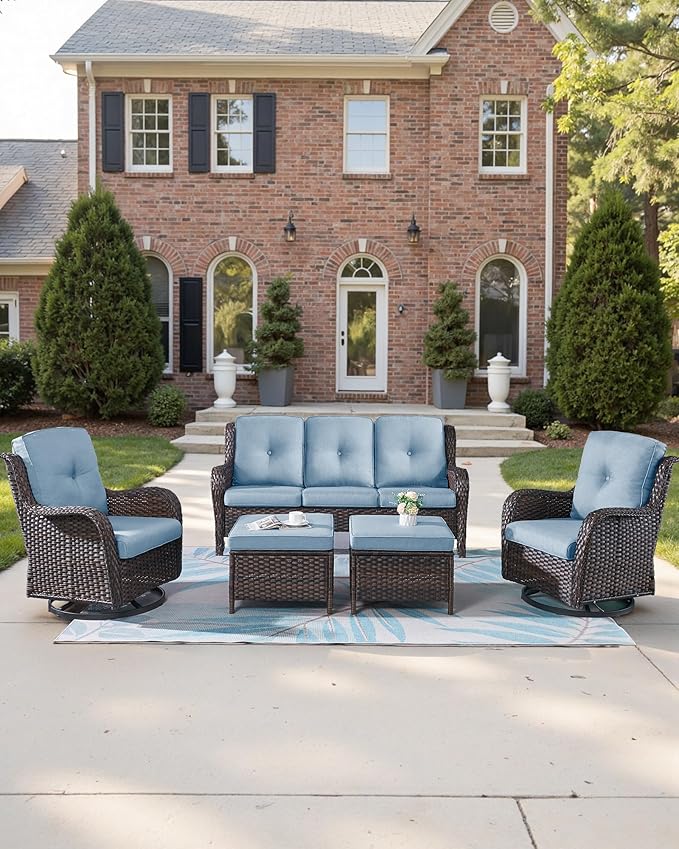 22x25/22x24 Outdoor Cushions for Patio Couch Chairs Set of 3 - High Back Comfy Outside Seat Cushions for Lawn Rattan Dining Rocker Glider Loveseat 3-Seater Sectional Sofa - Baby Blue/Button