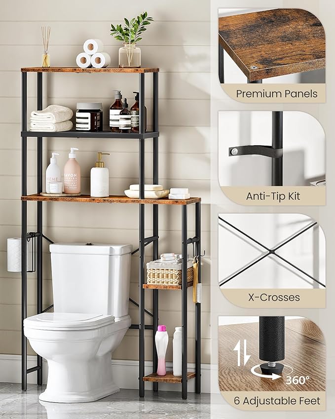 Over The Toilet Storage, 6-Tier Bathroom Organizer Shelf, Over-Toilet Storage Cabinet with Toilet Paper Hook, Space Saving, for Bathroom, Laundry, Entryway, Rustic Brown and Black TTS02BF