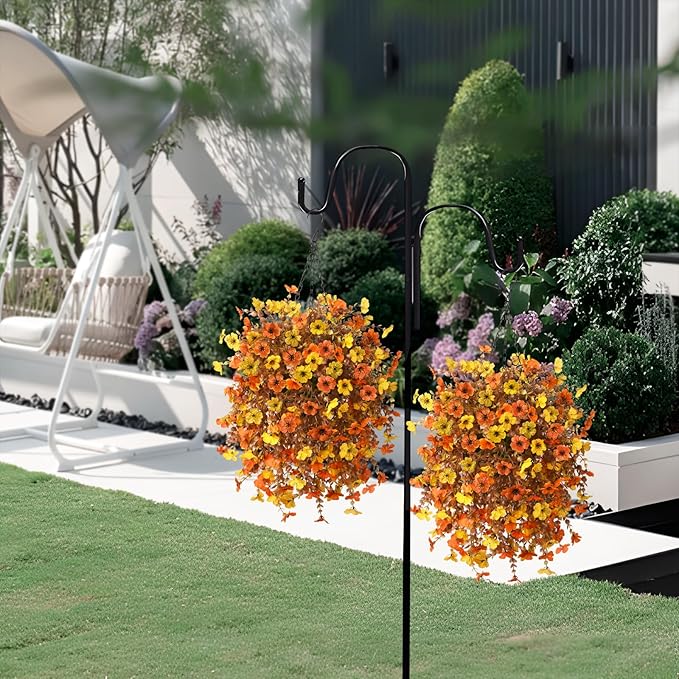 Artificial Fsll Faux Hanging Flowers Plants Basket for Outdoor Decoration,Fake Silk Orange Mums planters UV Resistant Look Real for Home Porch Patio Yard Outside Autumn Decor (Yellow Orange)