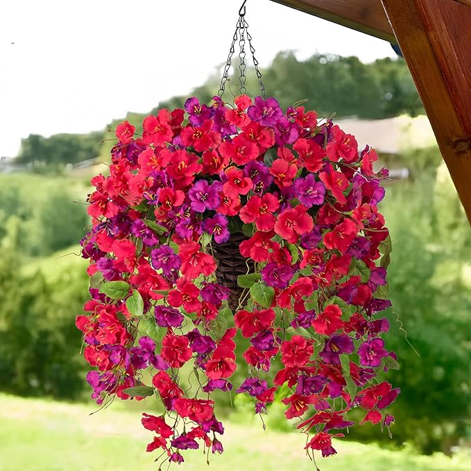 Ivydale Artificial Faux Hanging Flowers Plant Baskets for Outdoors Decoration, Fake Hibiscus UV Resistance Realistic Silk Flower for Outside Home Patio Porch Balcony Garden Wedding, Mix