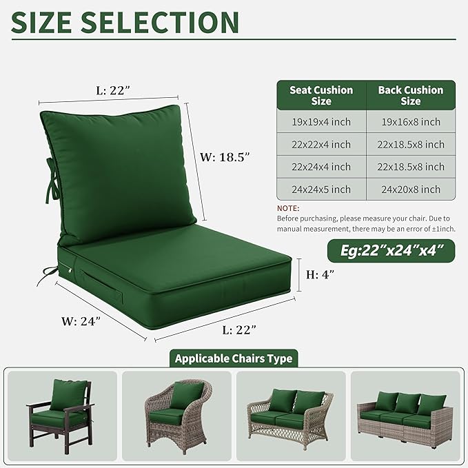Premium Outdoor Seat Cushion Chair Cushions for Patio Furniture 22 L X 24 W X 4 H Waterproof & Fade Resistant Deep Seat and Backrest Cushion Set with Removable Covers for Chair, Sofa
