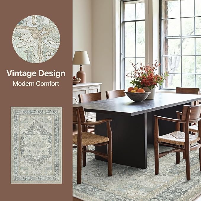 GENIMO 6X9 Area Rugs for Living Room, Machine Washable Vintage Floor Cover Foldable Modern Non Slip Rug, Low Pile Soft Indoor Carpet Floral Print Mat Rug,Bedroom/Dining Room/Home Office,Light Blue