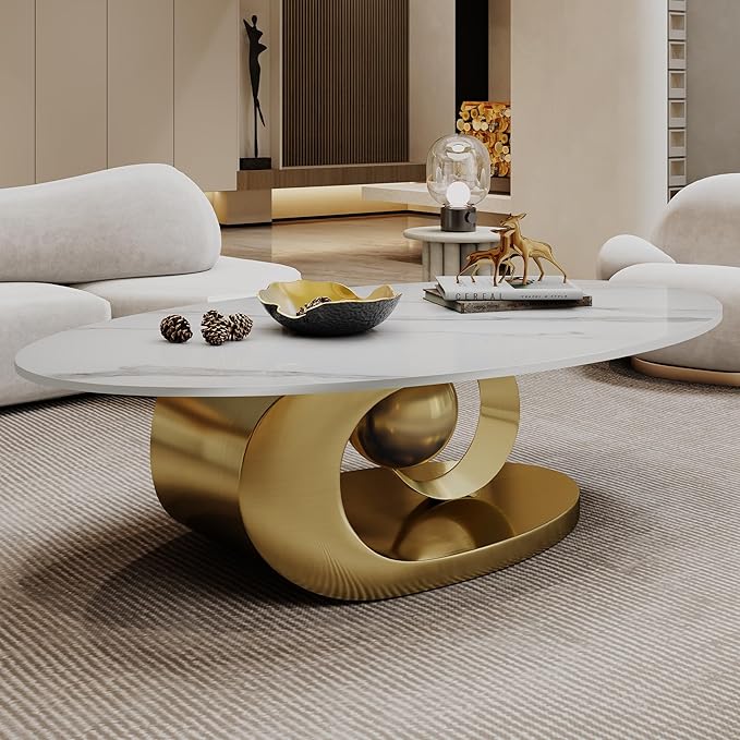 Modern Oval Sintered Stone Coffee Table, 49.2" White and Gold Rectangle Coffee Table with Faux Marble Top & Golden Geometric Stainless Steel Base, Rectangle Tea Center Table for Living Room