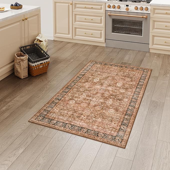 Morebes Vintage Washable 3x5 Rugs for Entryway, Boho Bedroom Area Rug Non Slip Aesthetic Soft, Distressed Non-Shedding Floral Carpet for Kitchen Foyer Bedside Playroom,Brown