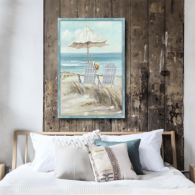 Rustic Coastal Framed Wall Art - Abstract Beach Chair Picture Ocean Painting Prints Calming Seascape Wooden Artwork Decor for Living Room