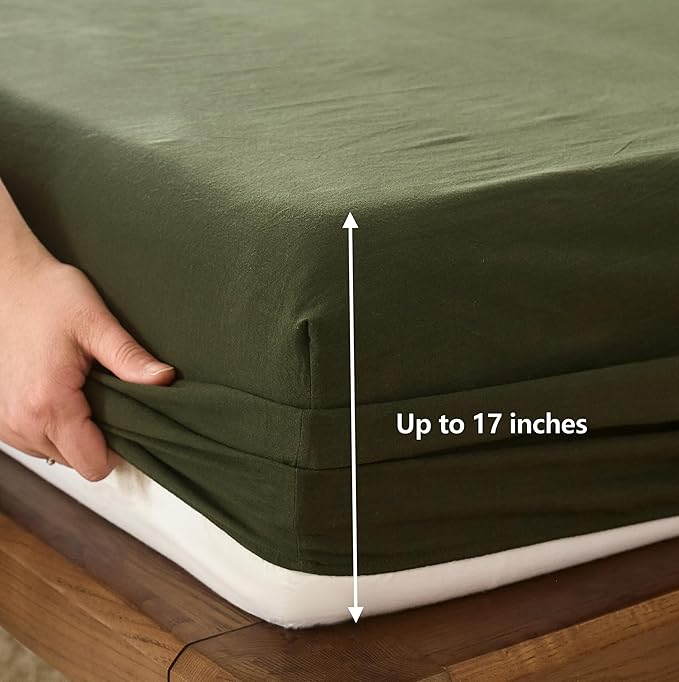 100% Cotton 6-Piece Queen Size 102" x 90" Bedding Set - Fitted Sheet, Flat Sheet & 4 Pillowcases with 17" Deep Pocket,Soft Breathable Bed Sheets for Cozy Sleep,Olive Green
