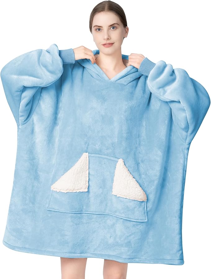 Touchat Wearable Blanket Hoodie, Oversized Sherpa Blanket Sweatshirt with Hood Pocket and Sleeves, Gifts Hooded Blanket for Adult Women Men (DustyBlue)