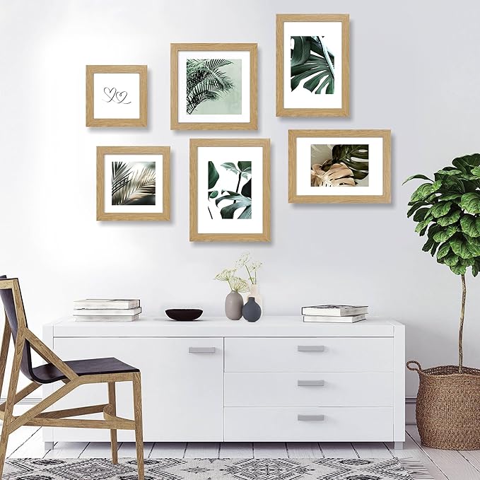 10x14 Picture Frame Set of 2, Made of Glass and Natural Oak Wooden Frame, Display 8x12 Pictures with Mat or 30 x 40cm Diamond Painting Art without Mat for Wall Mounting, Gallery Photo Frames
