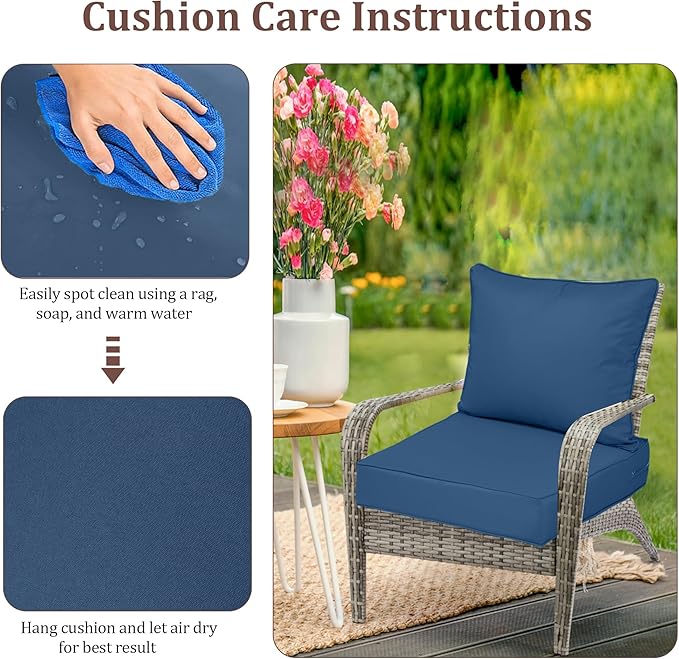 Waterproof Outdoor Chair Cushion Set of 4, 24x24x5 IN Deep Seat Patio Cushions with Fade Resistant Removable Cover,Outdoor Cushions for Patio Furniture with Ties&Handle for Chair Sofa Couch,Dark Blue