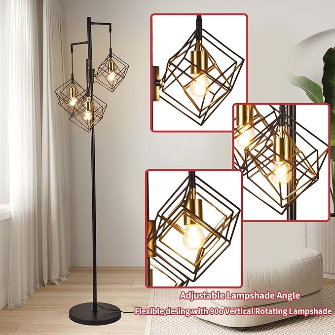 Dimmable Farmhouse Floor Lamp for Living Room, 3 Light Rustic Standing Tall Lamp, Modern Bright Floor Lamp, Industrial Standing Lamp for Bedroom, Tall Pole Lamps Office, 3 LED Bulbs Included.