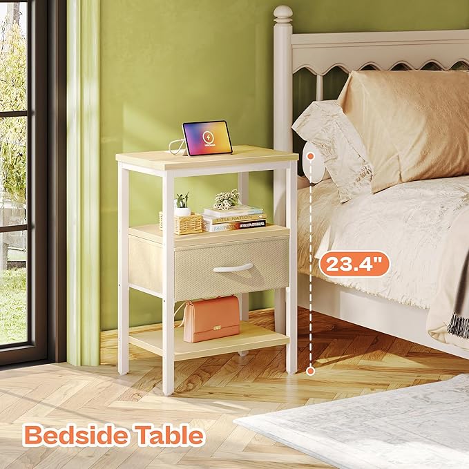 SUPERJARE Nightstand with Charging Station, Bed Side Table with Adjustable Fabric Drawer, Night Stand for Bedroom, 3-Tier Storage End Table, for Living Room, White Maple