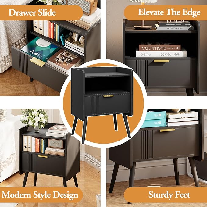 Night Stand Modern End Table with Storage Drawer and Open Shelf, Small Bedside Stand, Wooden Sofa Side Table for Bedroom,Study Room and Small Spaces (Black)