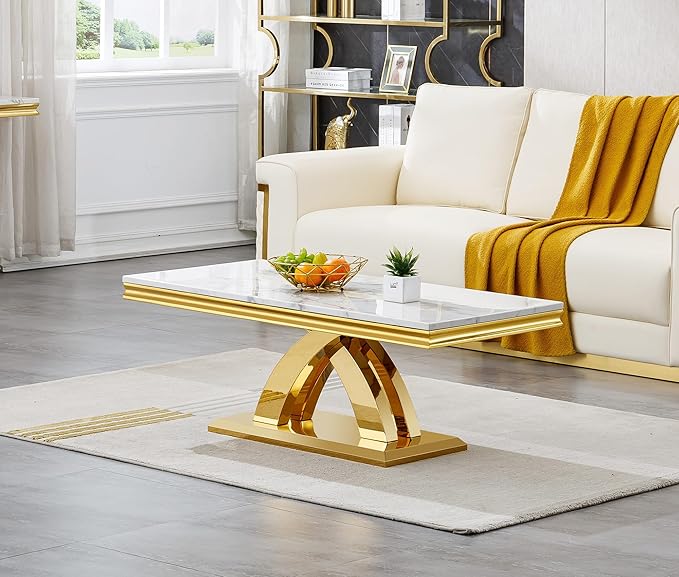 SSLine Rectangular Faux Marble Coffee Table for Living Room Modern Luxury White Marble Center Table with Gold Pedestal Base 46.8" Mid-Century Cocktail Table with Mirrored Stainless Steel Frame