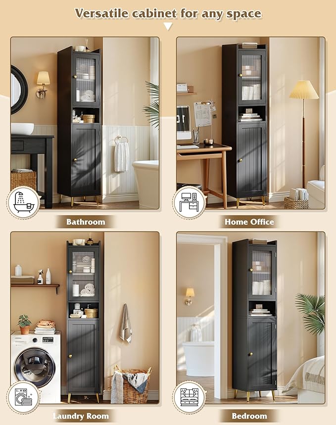 69'' Tall Bathroom Storage Cabinet with 2 Adjustable Shelves, Black 6 Tier Narrow Bathroom Cabinet with 2 Doors, Slim Linen Cabinets for Brathroom,Home Office,Wood
