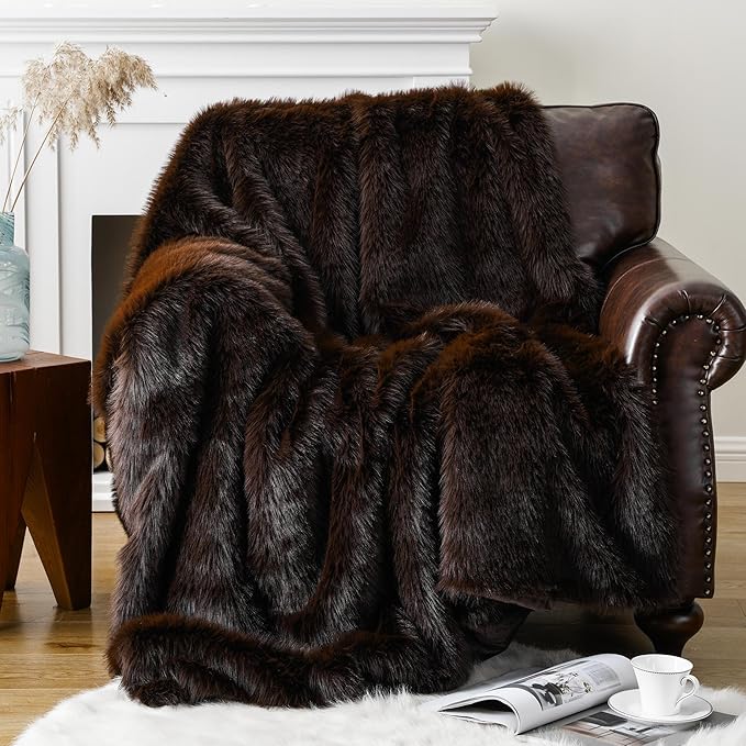 BATTILO HOME Luxury Fluffy Brown Faux Fur Throw Blanket, Cozy Warm Fur Blanket for Couch, Sofa, Chair, Bed, Plush Fuzzy Fur Throws with Long Pile, 50"x60"