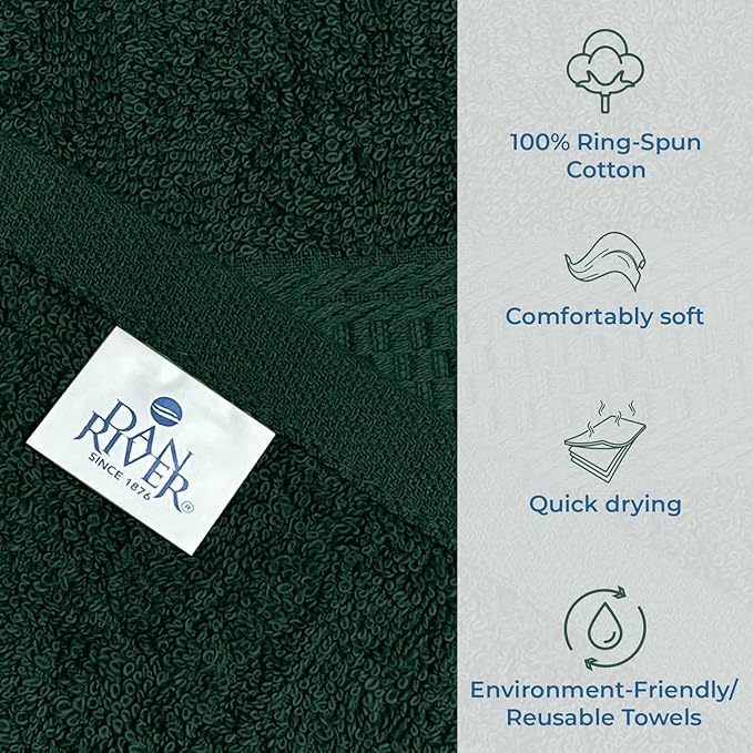 Dan River 100% Ring Spun Cotton 3-Piece Towel Set, Hunter Green, Bath Towel, Hand Towel and Washcloths, 550 GSM - Soft, Absorbent Quick Dry Cotton Towels for Bathroom, Spa, and Gym