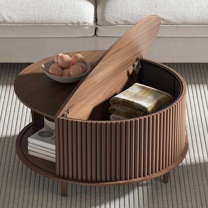 Round Coffee Table with Storage,31.5" Mid Century Modern Coffee Table with Hidden Compartment,Fluted Center Table for Living Room,Home Small Space,Walnut
