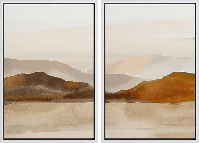 MUDECOR Framed Canvas Print Wall Art Pastel Brown Mountain Range Ocean Lake Wilderness Nature Illustrations Modern Art Decorative Calm/Relax Multicolor Rustic Minimal for Bedroom - 24"x36"x2 White