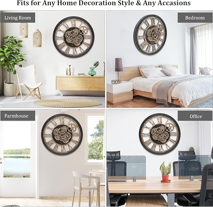 HOIBAI Wall Clock for Living Room Decor, Large, 24 in (60cm), Moving Gear, Farmhouse Vintage Industrial Oversized Wall Clock
