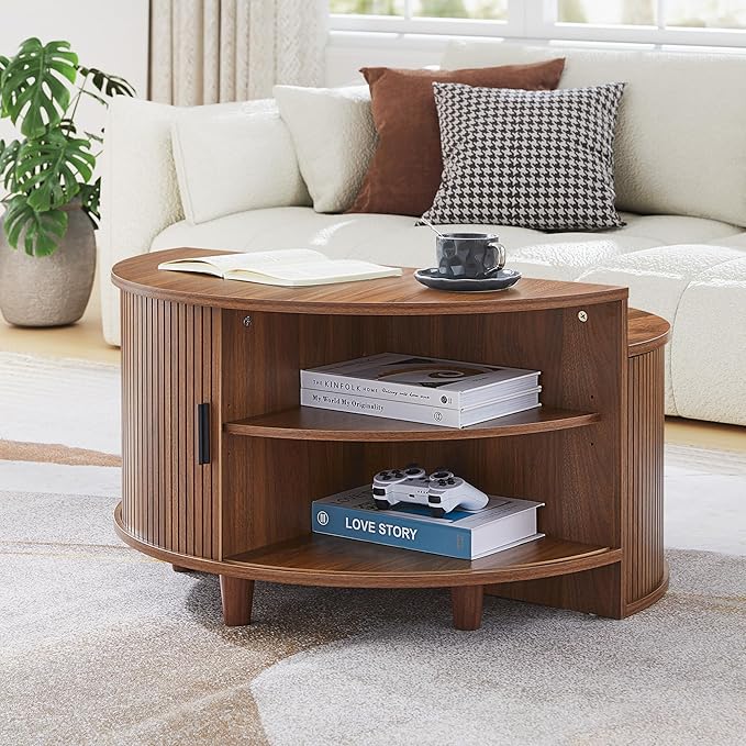 Round Coffee Table, Fluted Coffee Tables with Sliding Doors, Modern Circle Accent Center Table with Storage for Living Room, Apartment, Home Office (Walnut)