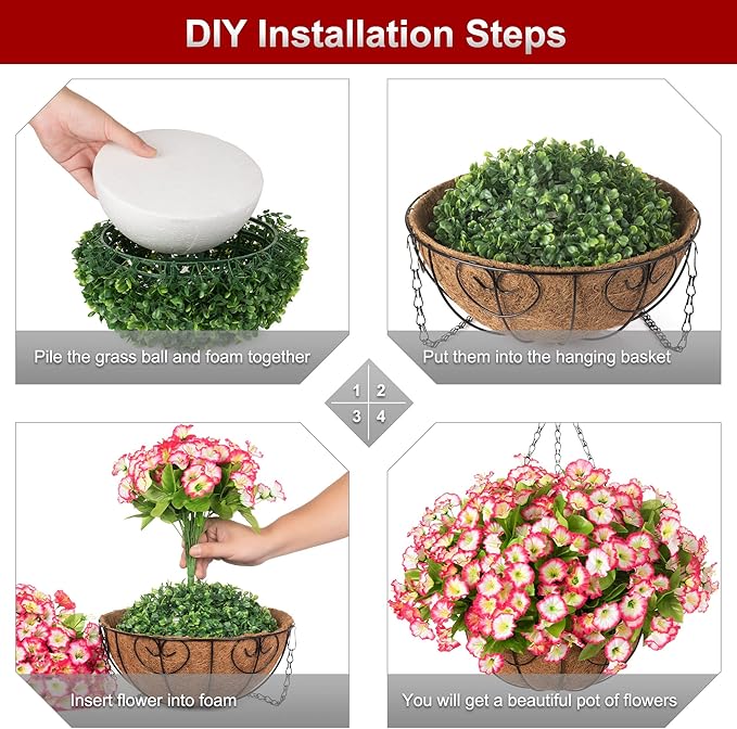 Artificial Hanging Flower Plants with Basket for Outdoor Decoration, Faux Petunias Flowers Fake Morning Glories Planter for Outside Patio Garden Porch Balcony Yard Decor(Pink)