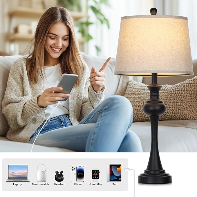 28.75" 3-Way Touch Control Modern Table Lamp Set of 2 for Living Room, Bedside Lamp with USB A+C Ports, Mid Century Black Table Lamps, Nightstand Lamps Set,Beige Fabric Shade Vintage Accent Style