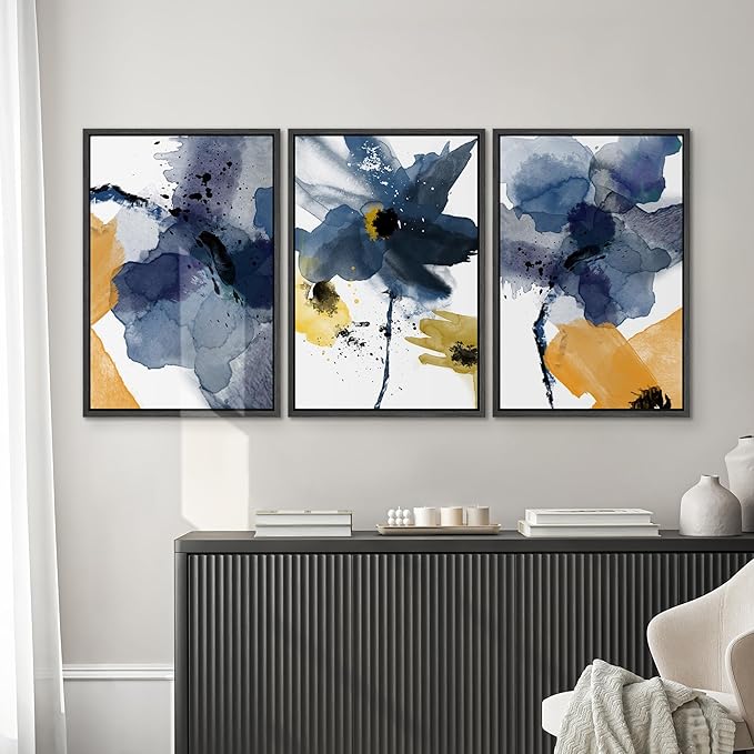 SIGNWIN Framed Canvas Wall Art Blue and Orange Blossoms Botanical Flower Watercolor Modern Art Tropical Relax/Calm for Living Room, Bedroom, Office - 24"x36"x3 Black