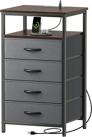 Huuger Night Stand with Charging Station, 4 Drawer Dresser for Bedroom, Bedside Table, 33.9 Inch Tall Nightstand with Open Shelf, End Table, for Closet, Entryway, Bedroom, Walnut