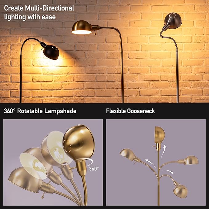 O'Bright Nova - Adjustable Floor Lamp with Flexible Gooseneck and Rotatable Shade, E26 Socket, 10-Inch Base - Ideal for Reading, Bedside, Living Room, Antique Brass