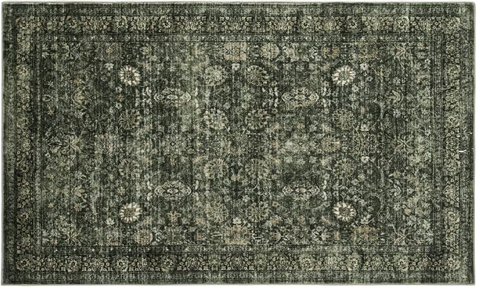 Morebes Vintage Throw Rugs, 3x5 Washable Rug Non Slip, Soft Area Rug for Bedroom,Distressed Non-Shedding Floral Rug for Entryway Bathroom Kitchen Foyer Bedside Playroom,Dark Green