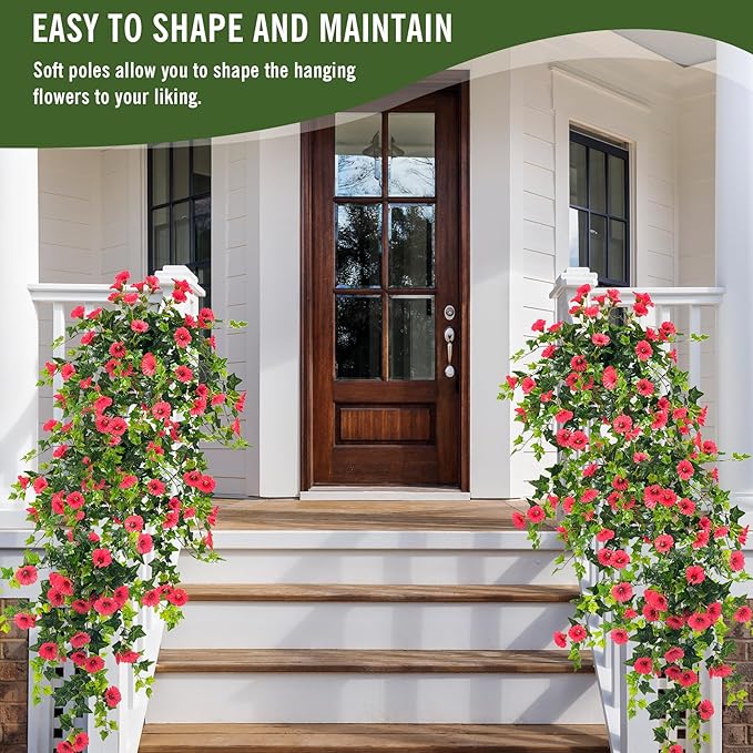 Artificial Flowers Faux Outdoor Plants Artificial Petunias For Outdoors Uv Resistant Fake Petunias Plants Hanging Flower Patio Decor Outside Basket Realistic Silk Plant No Pot(Rose Red 2pcs)