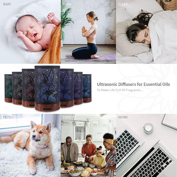 Essential Oil Diffuser - Multifunction Aromatherapy Diffuser 7 LED Color Changing Light 150ML Metal Diffuser Easy to Clean Suitable for Home,Office (Hummingbird)