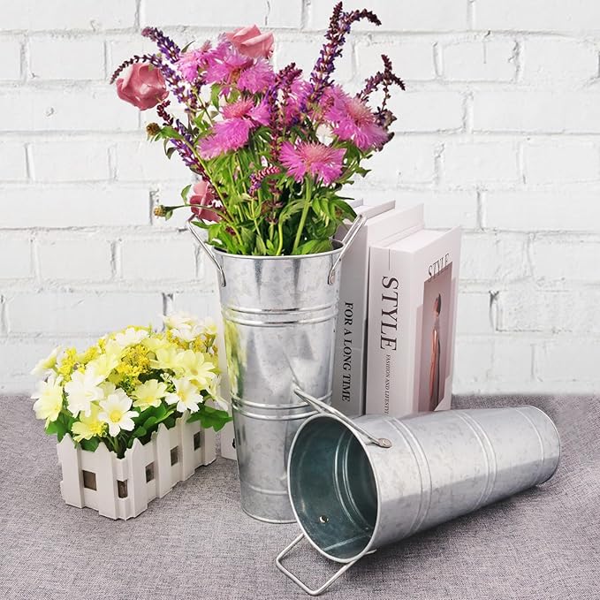 6 PCS 9 Inch Tall Galvanized Flower Bucket with Handles, Metal Vase for Cut Flowers, Country Wedding, Table Centerpiece Decorations,Vintage Style Flower Containers, by GENHAKON.