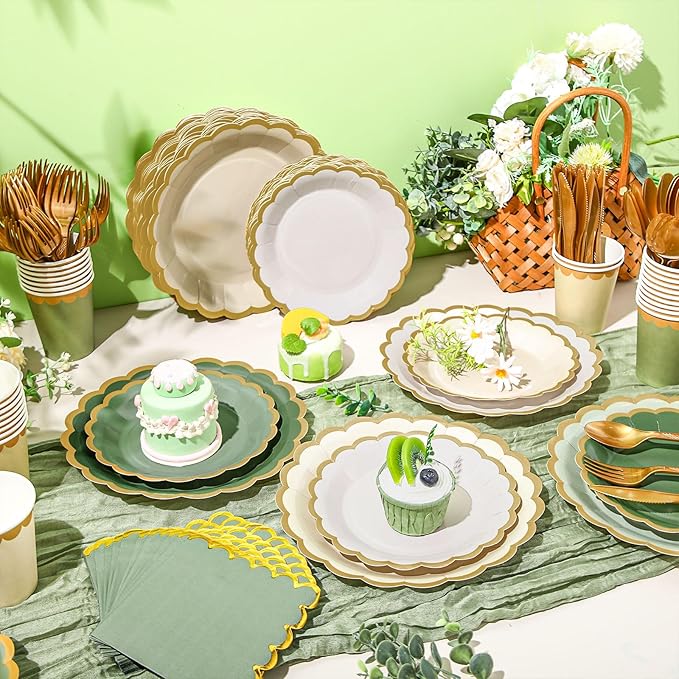 338 Pcs Sage Green Plates and Napkins Party Supplies for Guests Sage Green Tableware Include Scalloped Plates Paper Napkin Cup Spoon Fork Knife for Baby Shower, Wedding, Birthday