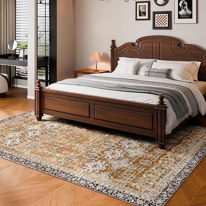 VEVOR 8 x 10 ft Area Rug Large Washable Rug Non-Slip and Tear-Resistant Soft Carpet Pet & Child Friendly Vintage Area Rugs Indoor Mat for Bedroom Living Room Kids Room Office Brown Green