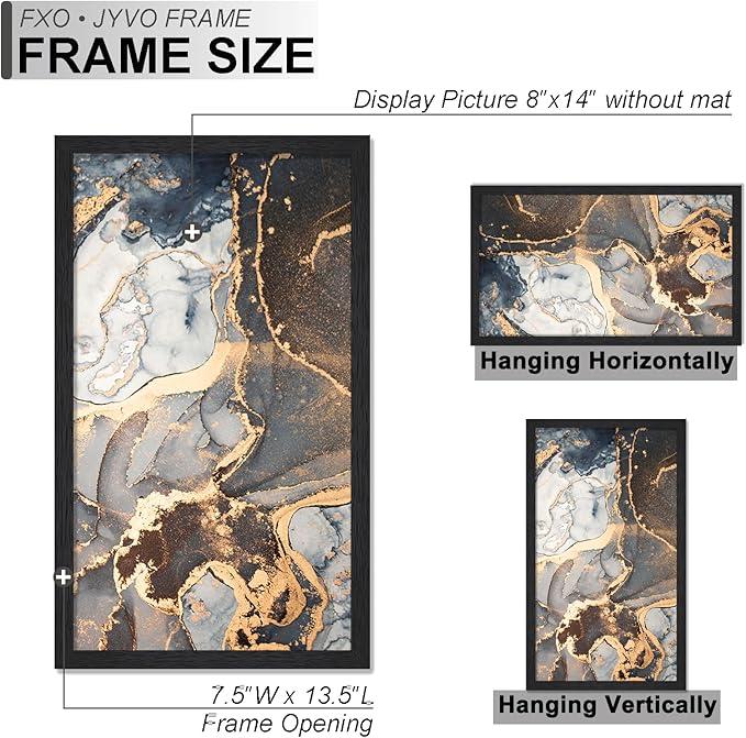 Engineered Wood 8x14 Picture Frame Set of 2, Black Frame for 8 x 14 Inch Picture Poster Photo, Light Weight 8 by 14 Frame with Wood-grain for Wall - 2 Pack/Black/8"x14"