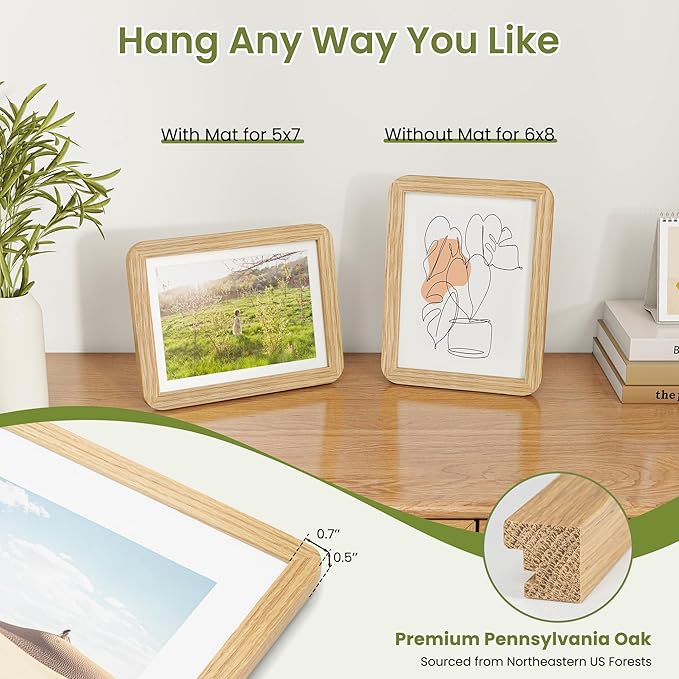 6x8 Round Corner Picture Frame, Solid Oak Wood Frame With Mat For 5x7 And Plexiglass, Includes Hanging Hardware For Wall Or Tabletop Photo Frame, Natural Oak, 3 Pack