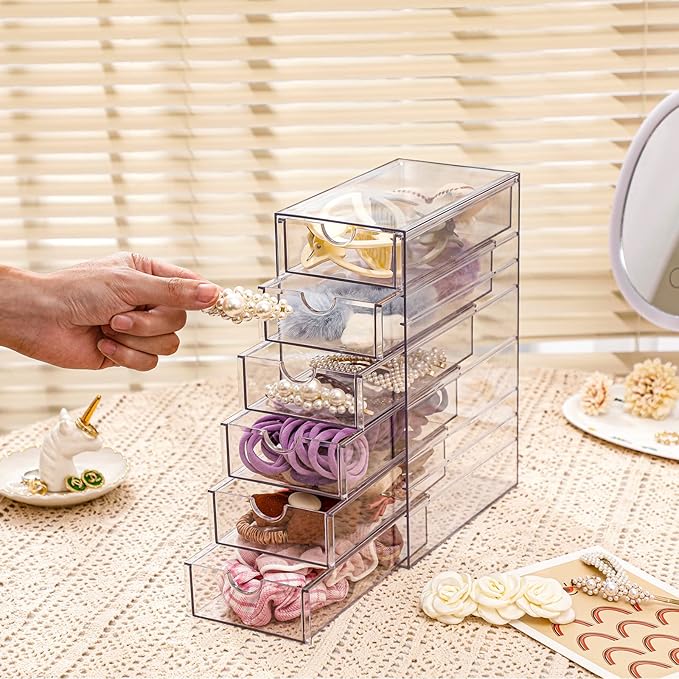 FABROK Clear Hair Accessory Organizer Box with 6 Drawers, Compact Storage Organization Drawers Set for Cosmetics, Glasses, Stationery, Stackable Storage Containers Box for Bathroom, Closet, Office